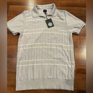 NWT Good Man Brand 100% Merino Wool Woven Collar Polo Sweater Gray Size Medium